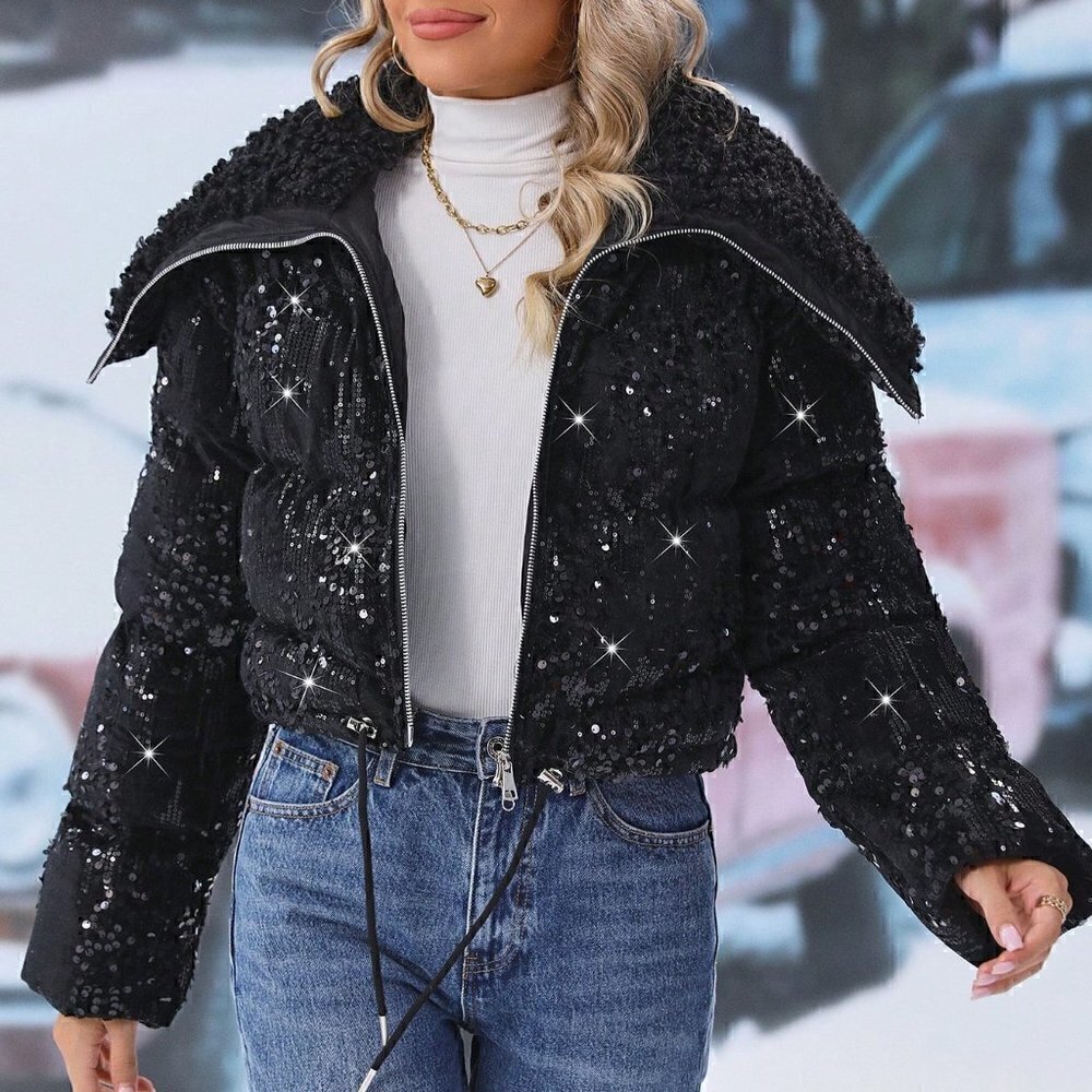 Black Preppy Drawstring Hem Drawstring Hem Zipper Hooded Sequin Puffer Coat